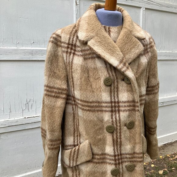 Lynn Pynn Pure Wool Long Winter Coat Vintage 60s Made in Canada Beige Plaid - Picture 2 of 16